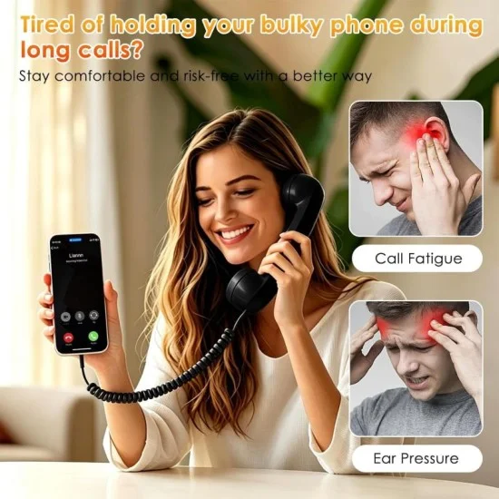 سماعه هاتف ريترو سلكية بميكروفون ومقبض صوتي بدون قاعدة - أسود